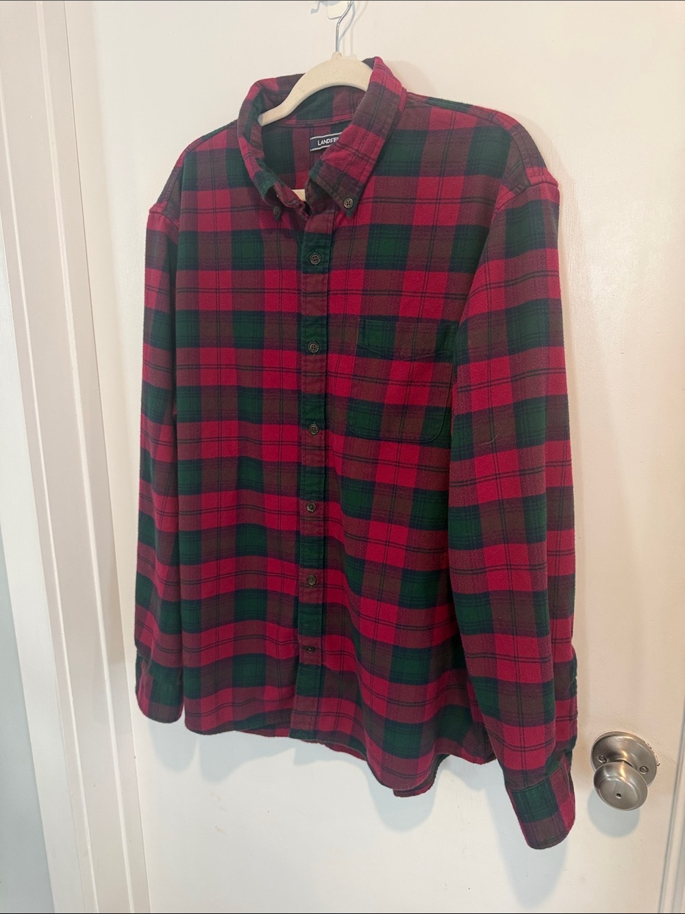 Lands’ End Men’s Xl super thick warm red and hunter green Flannel Shirt - Picture 7 of 11